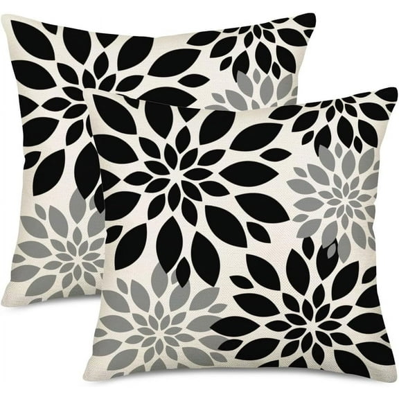 Black Grey White Pillow Covers 16x16 Inch Set of 2 Dahlia Floral Decor Throw Pillows Spring Summer Modern Geometry Flower Outdoor Decorative Cushion Cases for Sofa Couch Bed Decorations