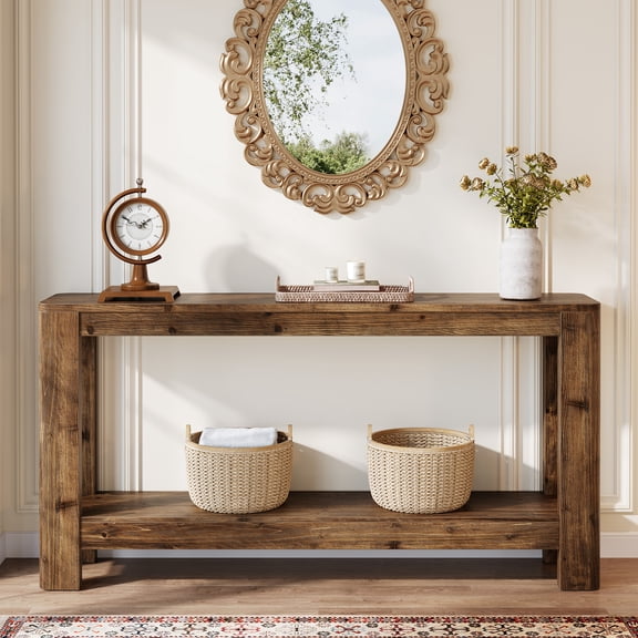 Finmind Solid Wood Narrow Console Table for Entryway, 63" Farmhouse Slim Sofa Table with 2-Tier Storage Shelf, Rustic Modern Hall Entry Furniture for Living Room, Hallway or Bedroom