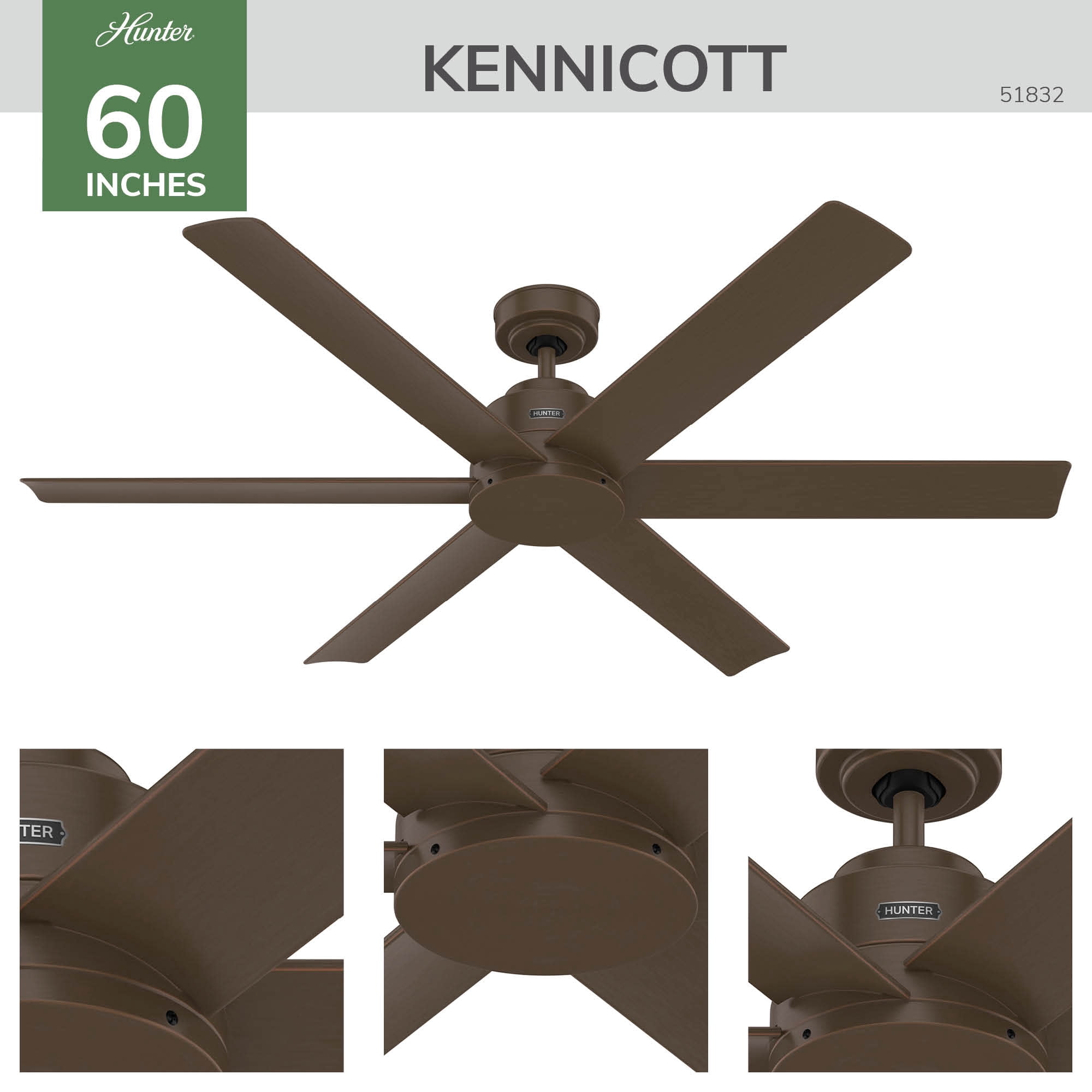 Hunter 60 inch Kennicott ENERGY STAR® Matte Bronze Damp Rated Ceiling Fan and Handheld Remote