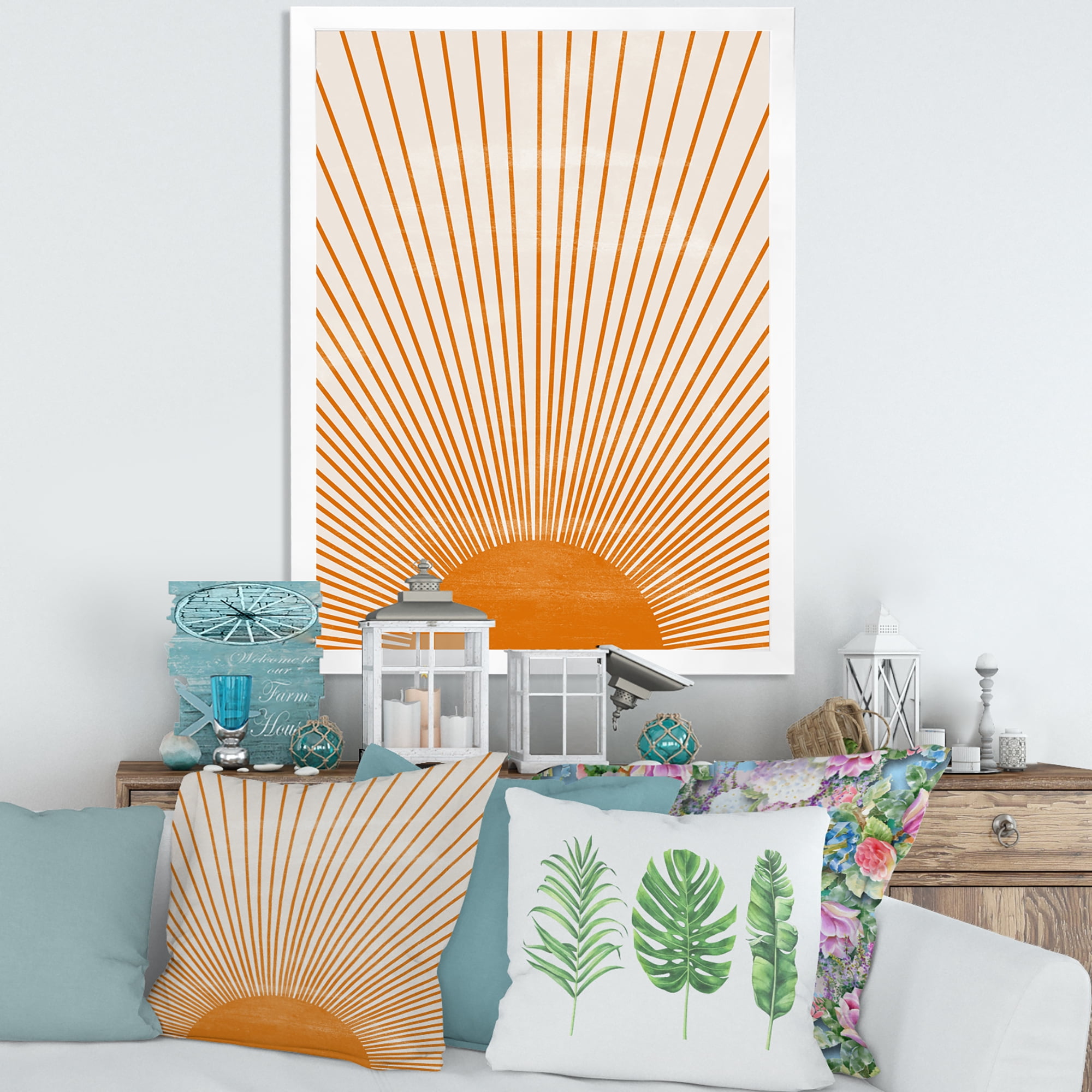 Designart 'Orange Sun Print On Beige III' Modern Framed Art Print