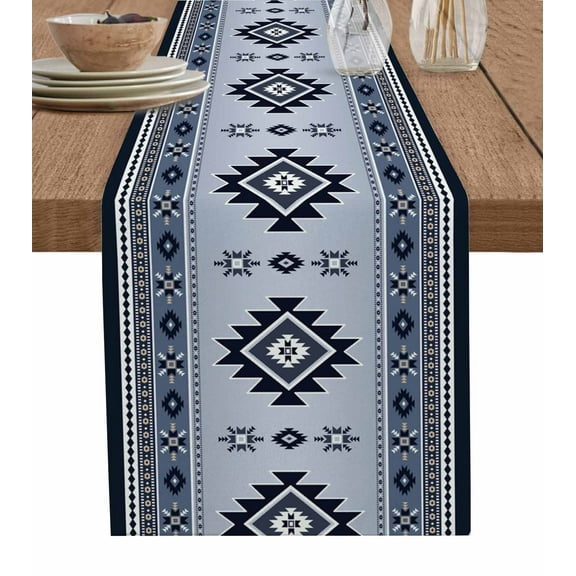 Table Runner Dresser Scarf 13 x 48 Inch Aztec Dark Blue Southwest Wind Bohemian Farm Table Runners Non-Slip Heat Kitchen Dining Table Decor for Indoor Outdoor Home Party Decoration