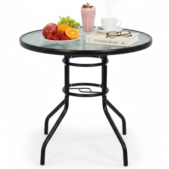 32" Round Patio Table with Umbrella Hole, Outdoor Dining Table Steel Tempered Glass Patio Tables, Coffee Table with Metal Steel Frame, Outdoor Tables for Balcony Garden Deck, Black