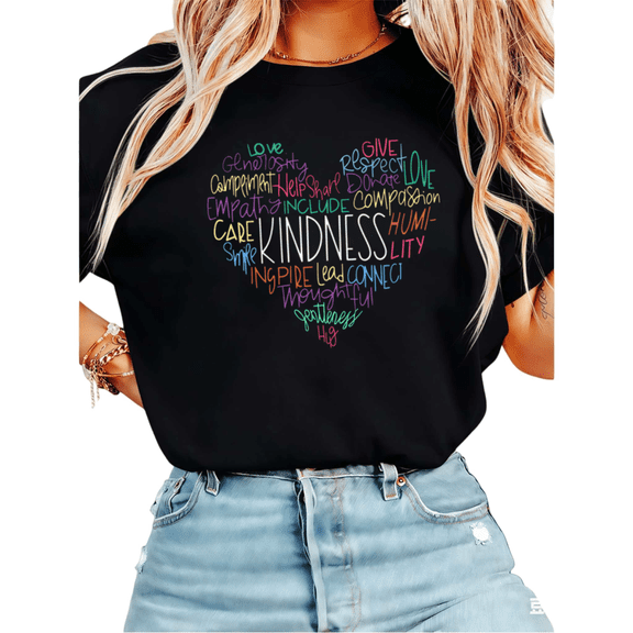 Women Kindness Heart Graphic Tees T-Shirt Tops Softstyle Cotton Round Neck T-Shirt Black S-5XL