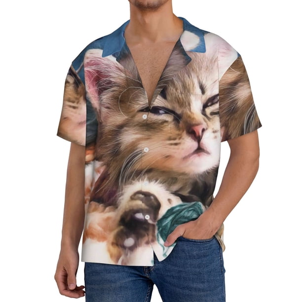 Balery Playful Cat Camisa Casual de Manga Corta con Botones para Hombre, Texturizada, Estilo Cubano, para Playa, Verano-Large