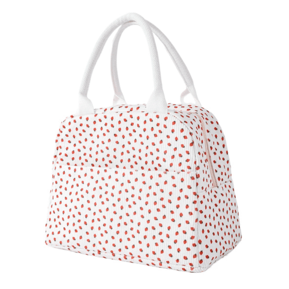 Dintonin Corduroy Lunch Bag for Women Insulated Lunch Tote Strawberry Print Thermal Reusable Lunch Box