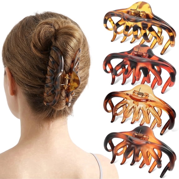 Mber 4-Pack Large Hair Claw Clips, 4" Non-Slip Octopus Jaw Clips for Thick, Thin, Long & Curly Hair, Tortoise Brown
