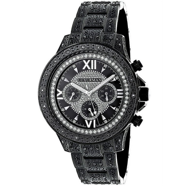 Luxurman Men s Black Stainless Steel and Black Diamond Quartz Watch Metal Band plus Extra Leather St