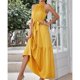 thumbnail image 2 of Vestido largo de mujer con cuello halter, sin mangas, dobladillo con volantes fluidos, cinturón de cintura, vestido de verano de color puro amarillo S, 2 of 6