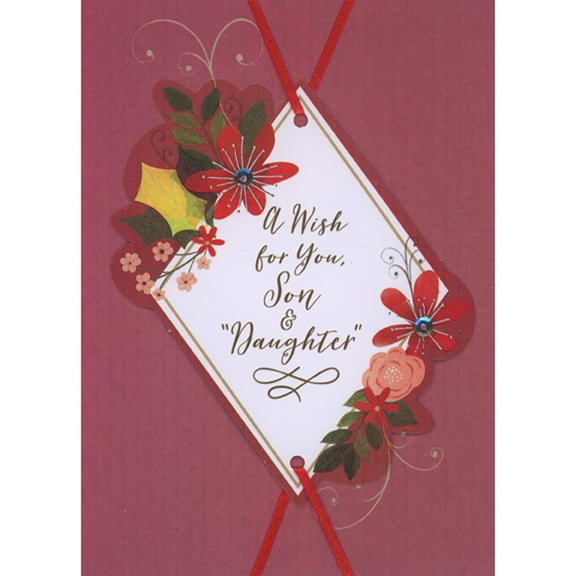 Designer Greetings A Wish For You 3D Diamond Banner, Red Ribbons, Silver Sequins and Flowers Hand Decorated Christmas Card for Son and 'Daughter'