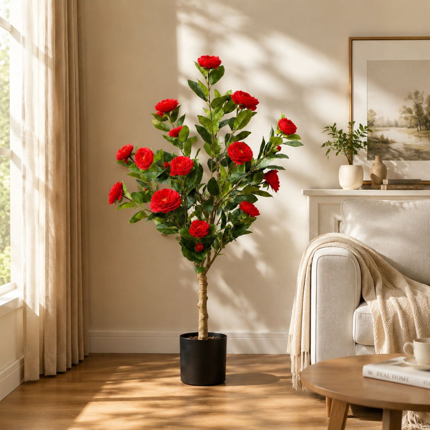 Easy4Home 3.3FT Artificial Flower Plant Fake Camellia Tree Potted Indoor, Red
