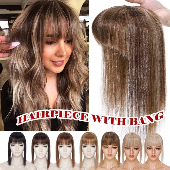 Fiykzur Remy Human Hair Clip In Hair Extensions Topper with Bang, 150% Density Silky Straight, 10/12/14 Inch, Natural Look for Women