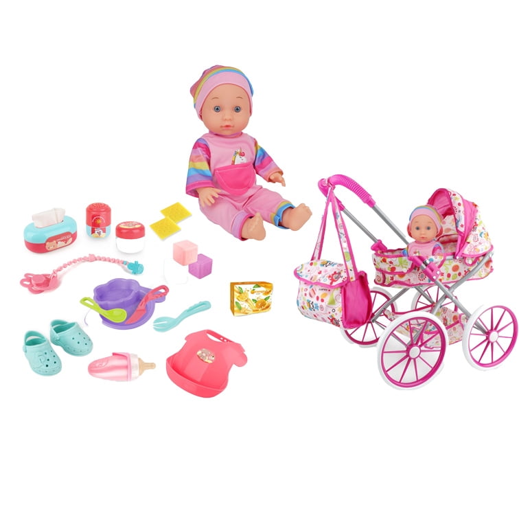 Mundo Toys 14" Baby Doll Nursery Playset, Stroller, Crib, 12 Sounds, Pink, +3