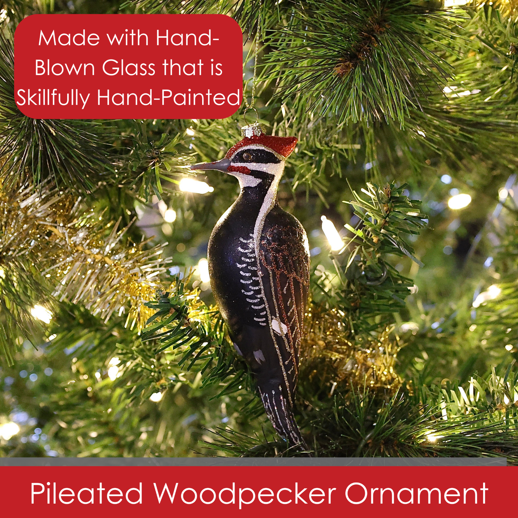 Cobane Studio Pileated Woodpecker Ornament - Blown Glass Bird Ornament for Christmas and Home Decor - Hand Painted and Dusted with Glitter