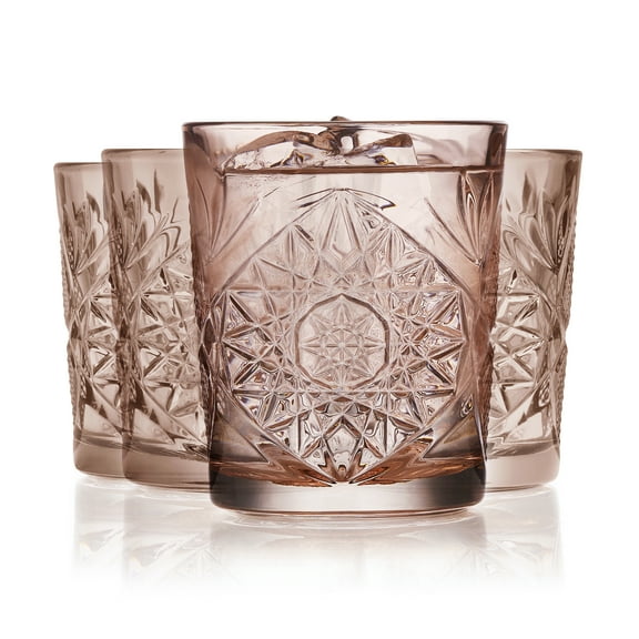 Libbey Hobstar Double Old Fashioned Glasses,Rose Colored Cut Glass Drinking Glasses Set of 4, Durable, Vintage Whiskey Glasses for Cocktail, Drinks