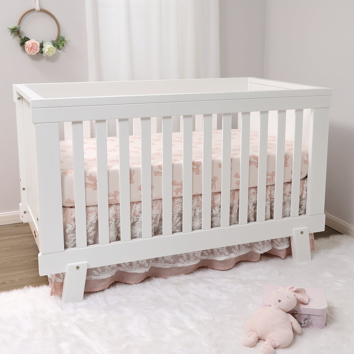 The Peanutshell 3-Piece Crib Bedding Set for Girls – Fitted Sheet, Dust Ruffle, Comforter – Pink Floral Nursery Decor, Grace