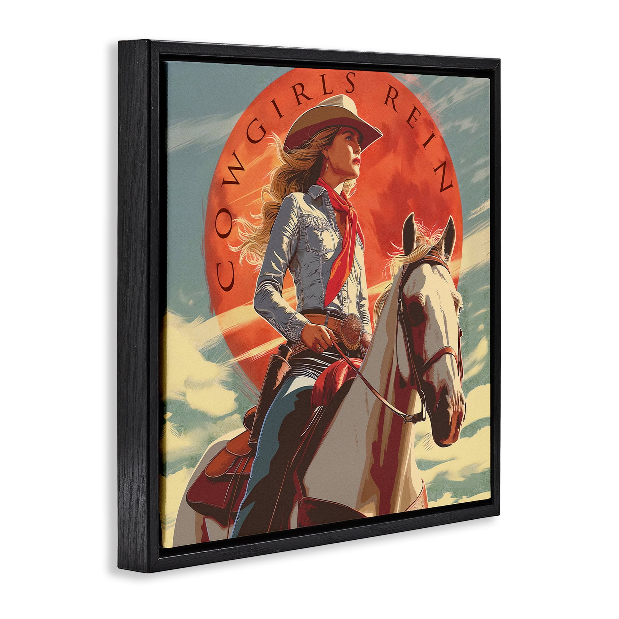 Stupell Industries Cowgirls Rein Portrait People Painting Black Floater Framed Canvas Art Print Wall Art, 18 x 18