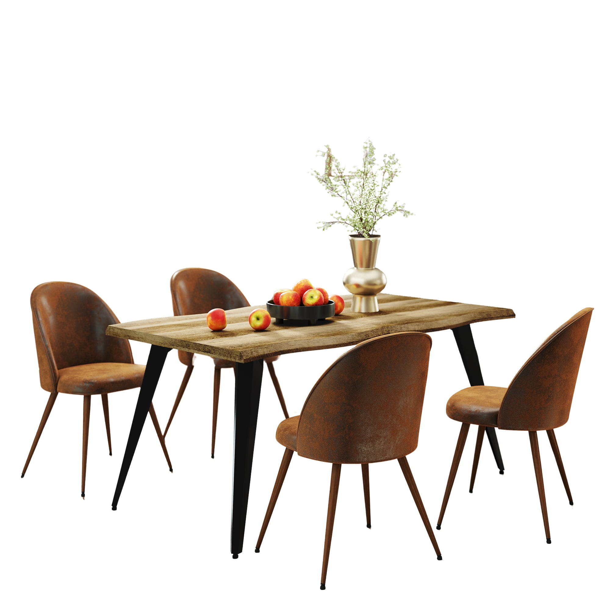 Ensemble table à manger Homy Casa 160 cm avec 1 table et 4 chaises à dossier haut, plateau en noyer moderne à bords ondulés, revêtement en similicuir brun