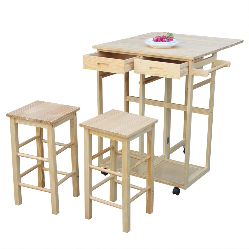 3PCS Wood Kitchen Rolling Casters Fold Table Drop Leaf 2 Drawers With 2 Stools 
