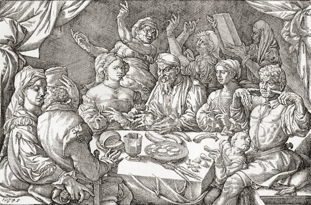 Coarse behaviour at the dining table during the Renaissance period After a Spanish copper engraving from 1545 From Illustrierte Sittengeschichte vom Mittelalter bis zur Gegenwart by Eduard Fuchs publi