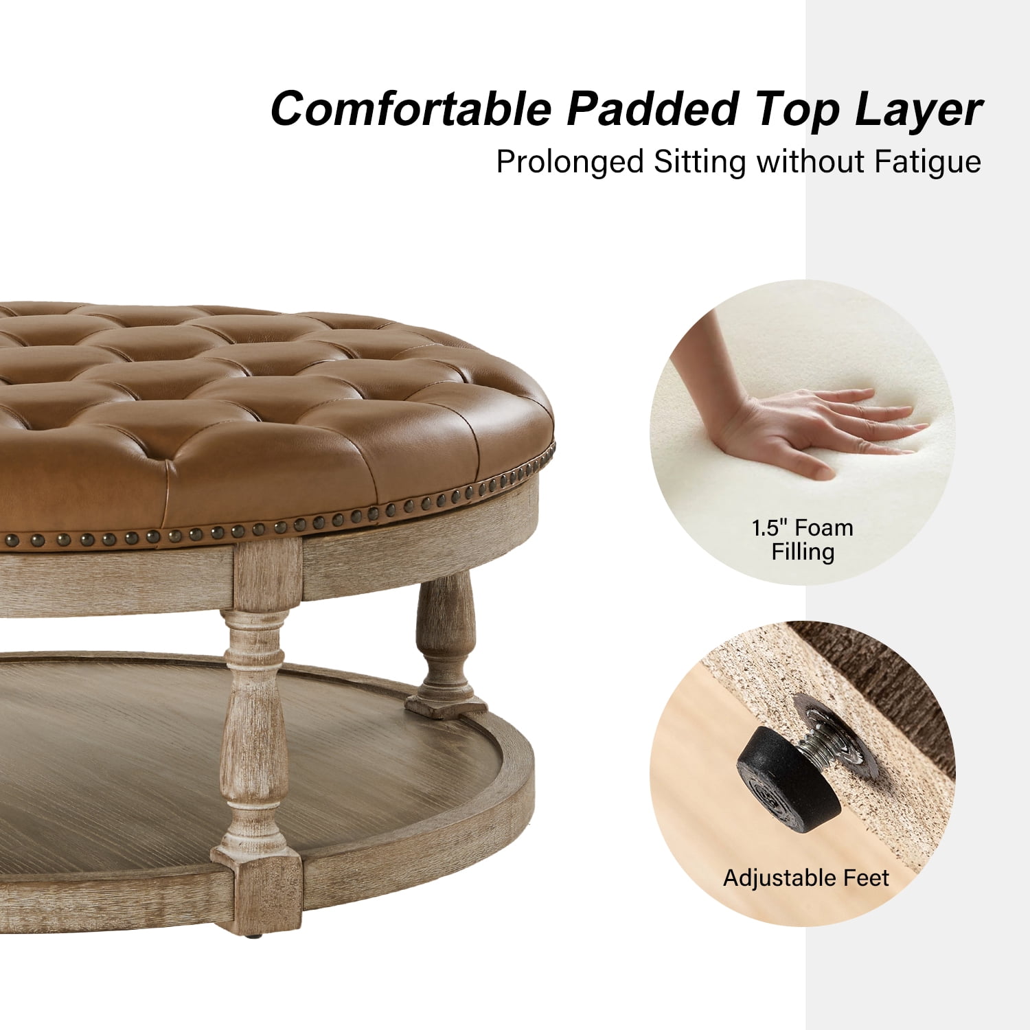 35" Leather Round Cocktail Ottoman Storage Coffee Table for Bedroom Home Living Room Camel