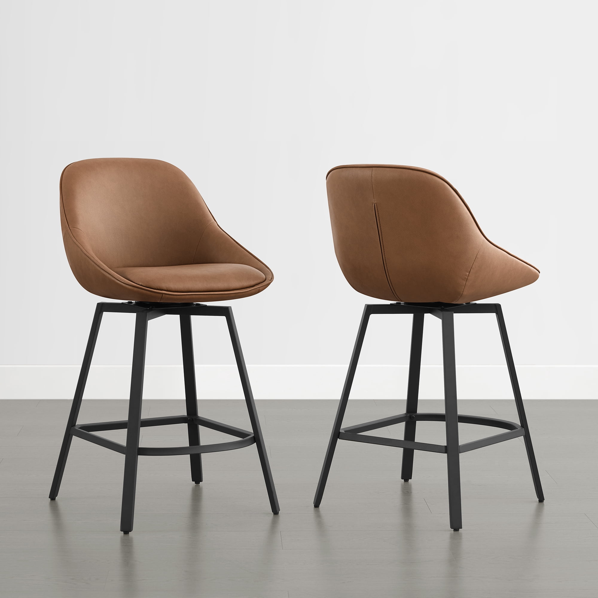 Spruce & Spring 26" Swivel Bar Stools Set of 2, Upholstered Counter Height Stools with Footrest & Metal Base, for Kitchen Island & Home Bar, Saddle Brown Faux Leather