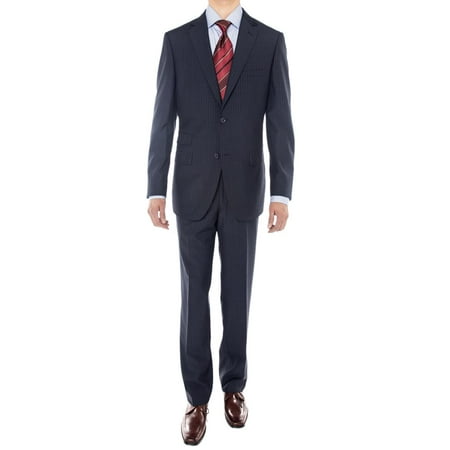LN LUCIANO NATAZZI Men's 160'S Worsted Wool Suit 2 Button Jacket 2 Piece Stripe Navy Blue