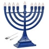Zion Judaica Blue Electronic Hanukkah Menorah Powered by Batteries or USB 4' Cable Included Flameless Chanukkah Candles Holder LED Electric Minorah Bulbs Chanukah Decorations Lights