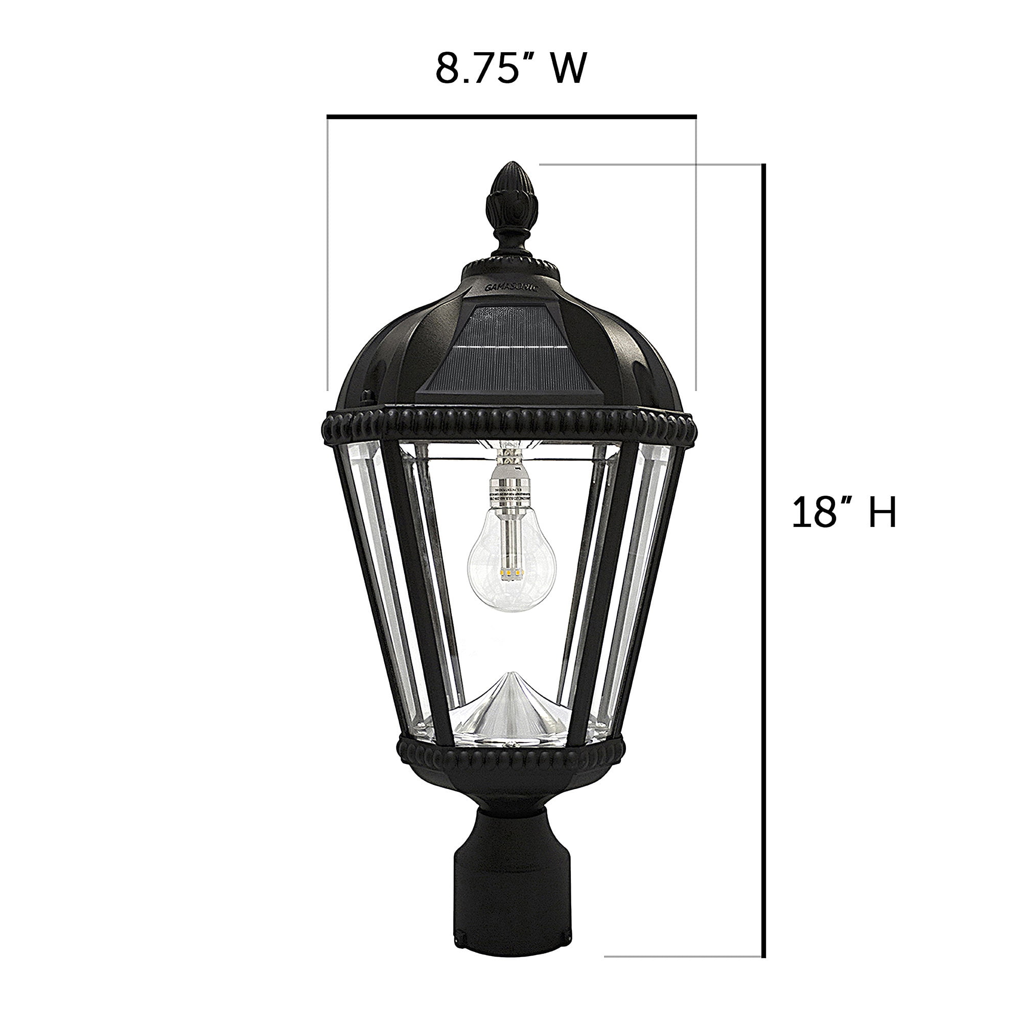 Gama Sonic Outdoor Solar Post Light, Black Aluminum, Royal Bulb, Beveled Glass, Single Lamp with 3-inch Fitter for Lamp Posts or Pier Mount (Sold Separately) Warm White LED, 98B012