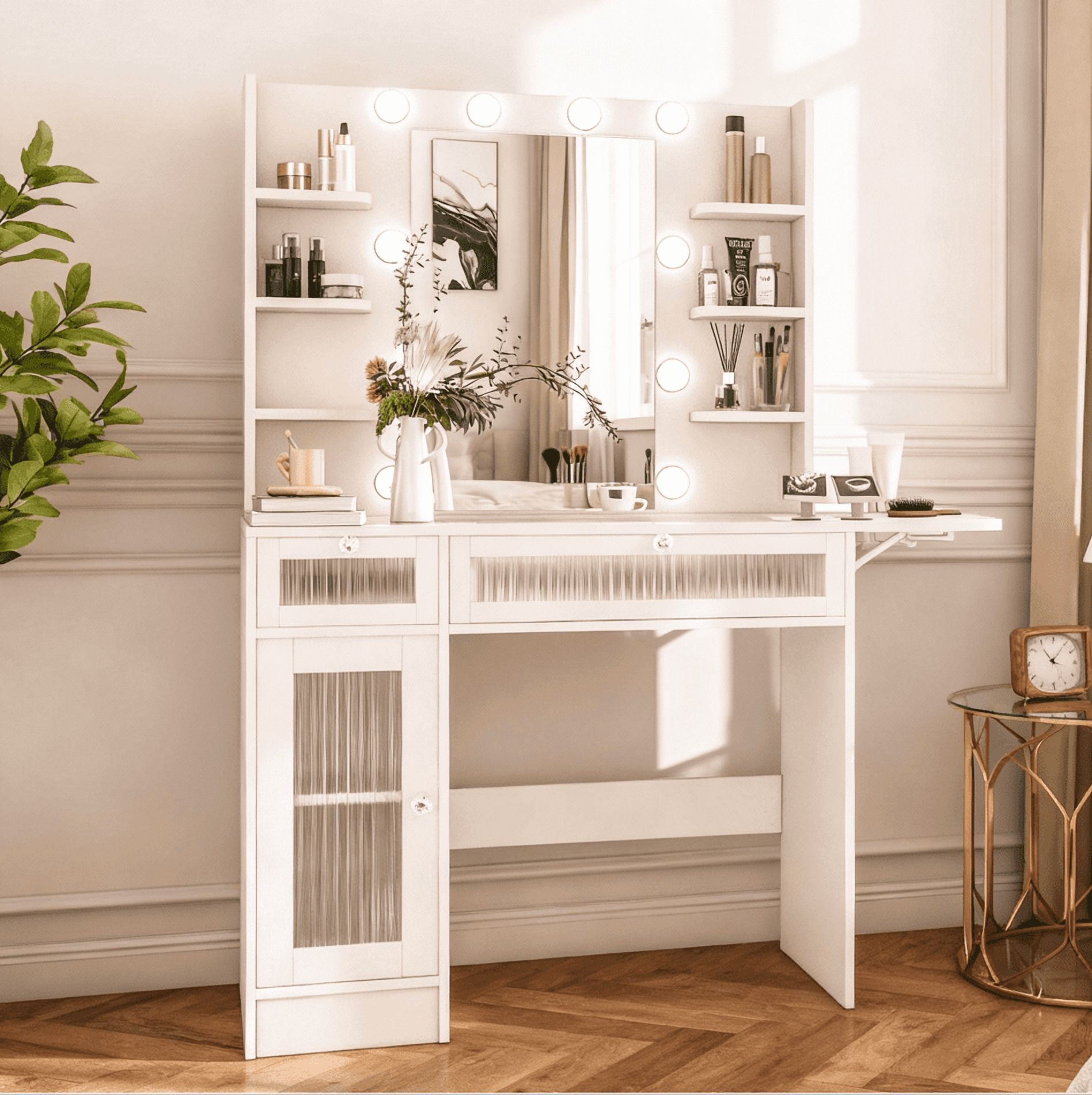 Vanity Desk with Mirror and Lights, Makeup Vanity Desk with Lights 7 Colors, Transparent Top Vanity with 2 Drawers, 6 Shelves, Large Tempered Cabinet, Power Outlet, for Bedroom, White