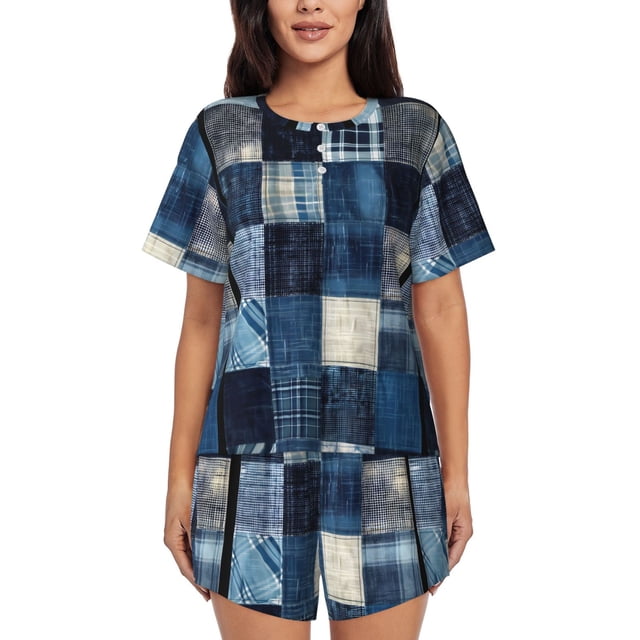 Balery Indigo Patchwork Quilt Conjunto de Pijama para Mujer con Estampado, Dos Piezas de Manga Corta y Shorts, Ropa de Dormir Suave con Cuello Redondo y Bolsillos-3X-Large