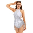 thumbnail image 3 of Xnihocha Women's Jazz Latin Dance Leotard Dress Sleeveless Hollow Out Sequin Bodysuit with Mesh Gloves Silver S, 3 of 7