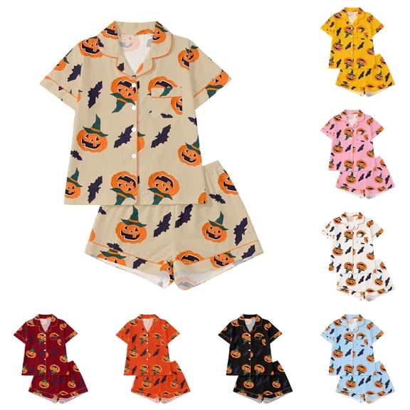 HAYIMI Comfortable Kids Halloween Print Sleepwear Short Sleeve Button Lapel Blouse Tops And Shorts For Girls Cozy Loungewear Home Pajama Sets, 13-14 Years