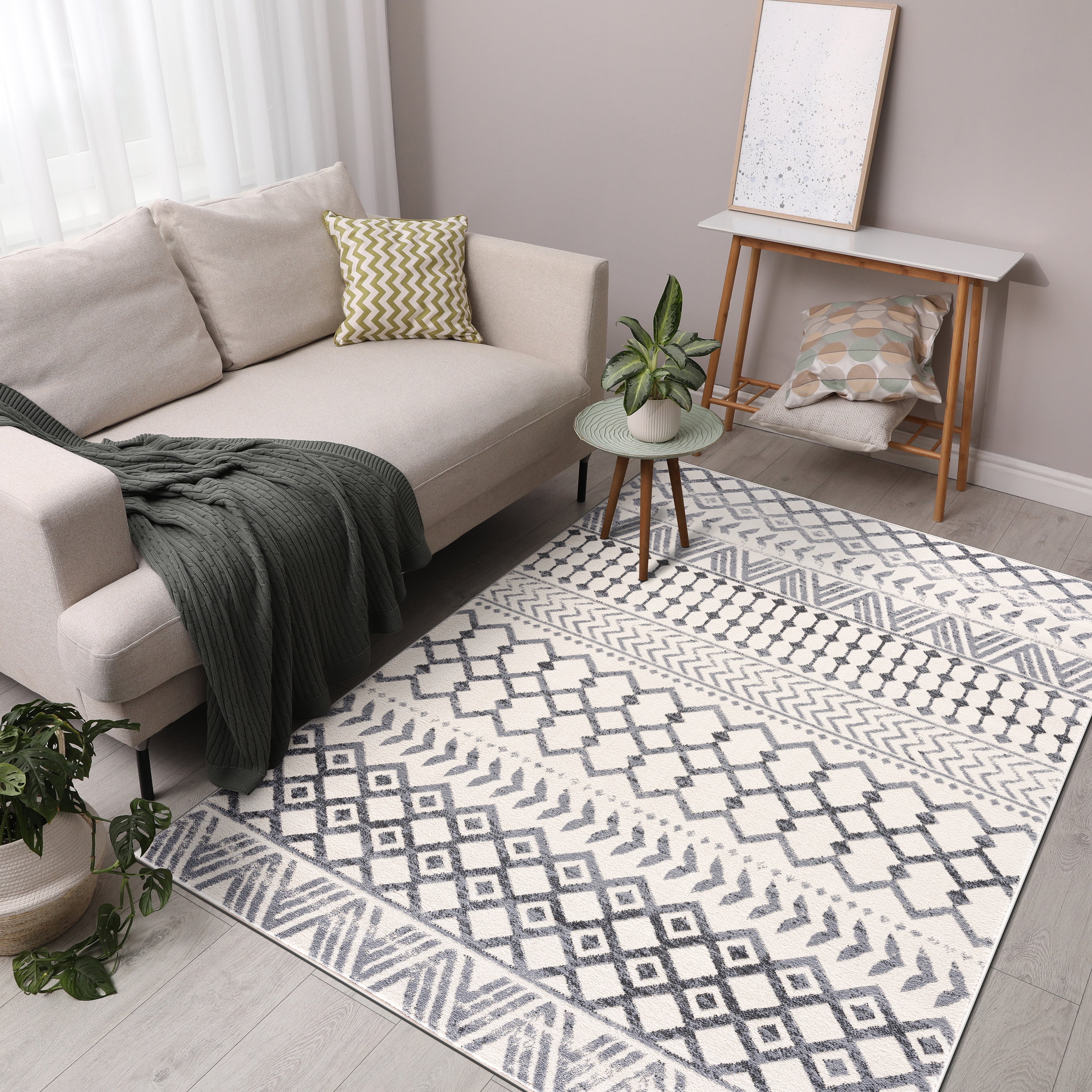 CAMILSON Crystal Grey Area Rug 5'x7' Oval Boho for Living Room Bedroom Dining Room Grey / Cream Indoor Area Rugs
