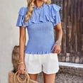 thumbnail image 2 of YYDGH Women's Mock Neck Ruffle Short Sleeve Shirred tops Summer Solid Smocked Peplum Hem Slim Fit T-Shirts Blue S, 2 of 8