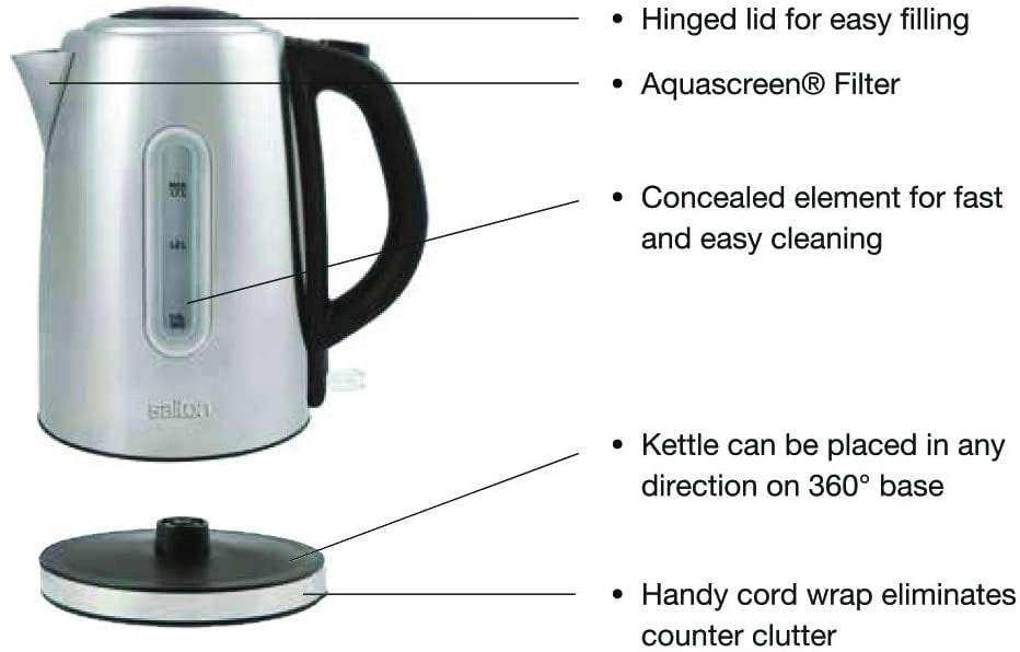 Salton Cordless Electric Kettle Stainless Steel JK1903 - Automatic Shut-Off - 1.7 L, 1500 W — Residential Use, Standard Application
