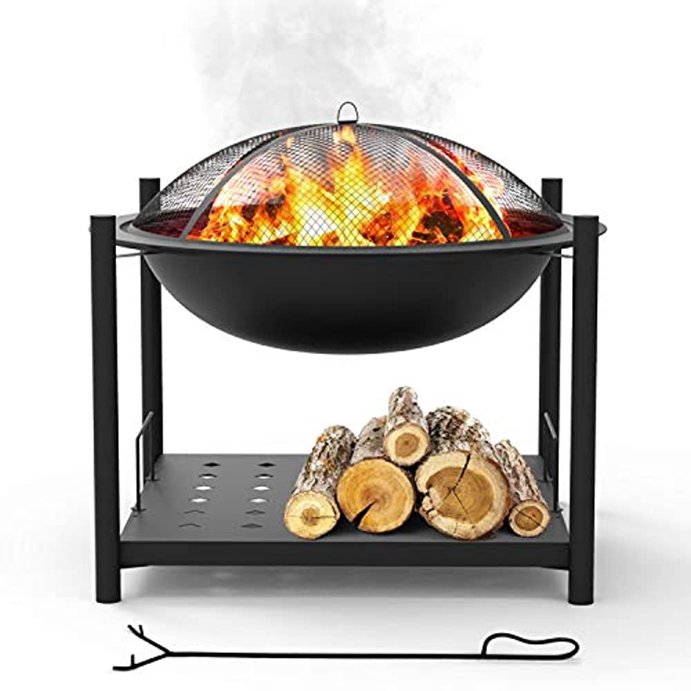 SereneLife Outdoor Wood Fire Pit - Steel BBQ Grill Fire Pit Bowl with Mesh Spark Screen, Cover Log Grate, Wood Fire Poker for Camping, Picnic, & Bonfire