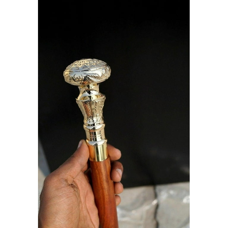 Vintage Walking Cane Wooden Walking Stick Silver Brass Handle knob