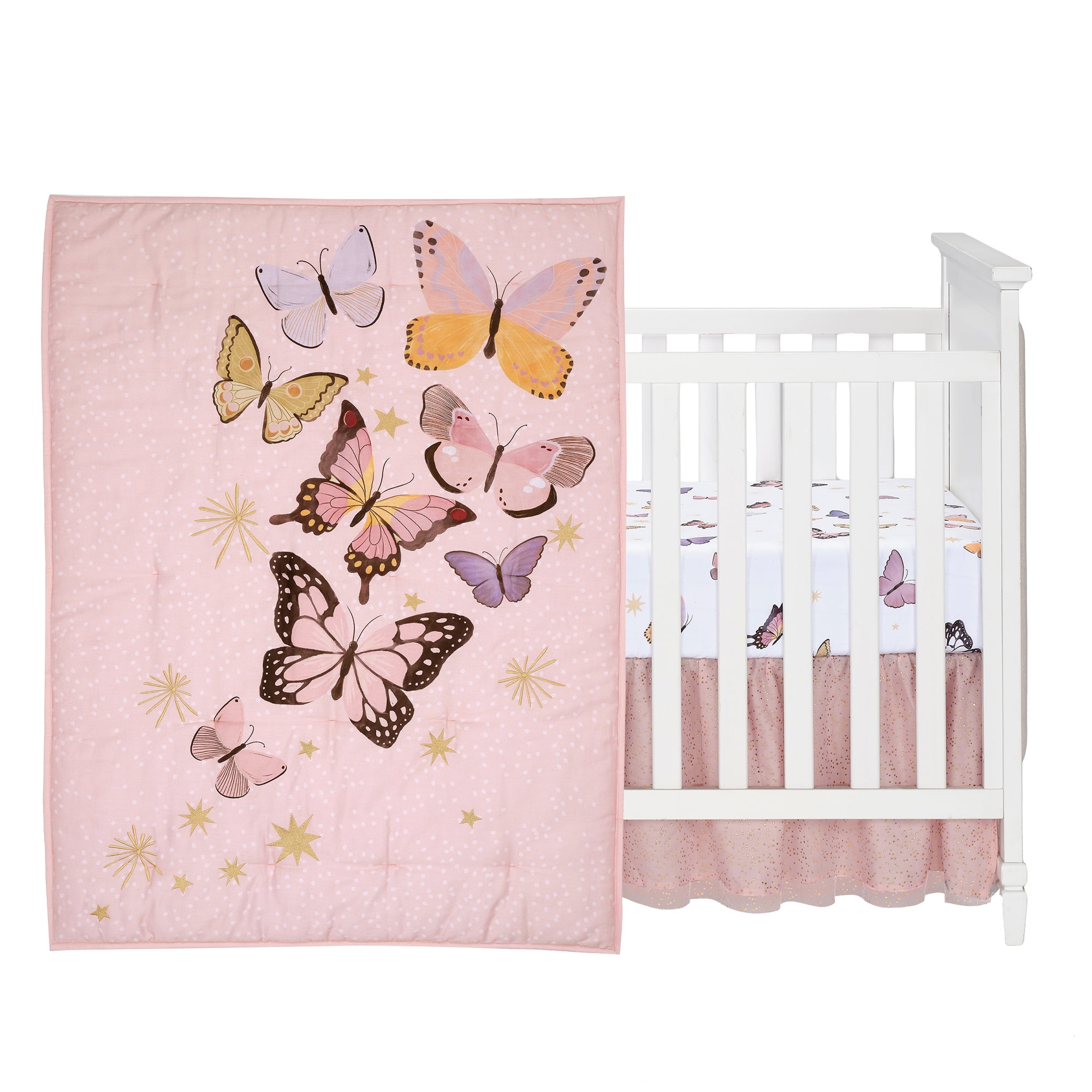 Lambs & Ivy Butterfly Dreams Pink/Gold 3-Piece Nursery Baby Crib Bedding Set