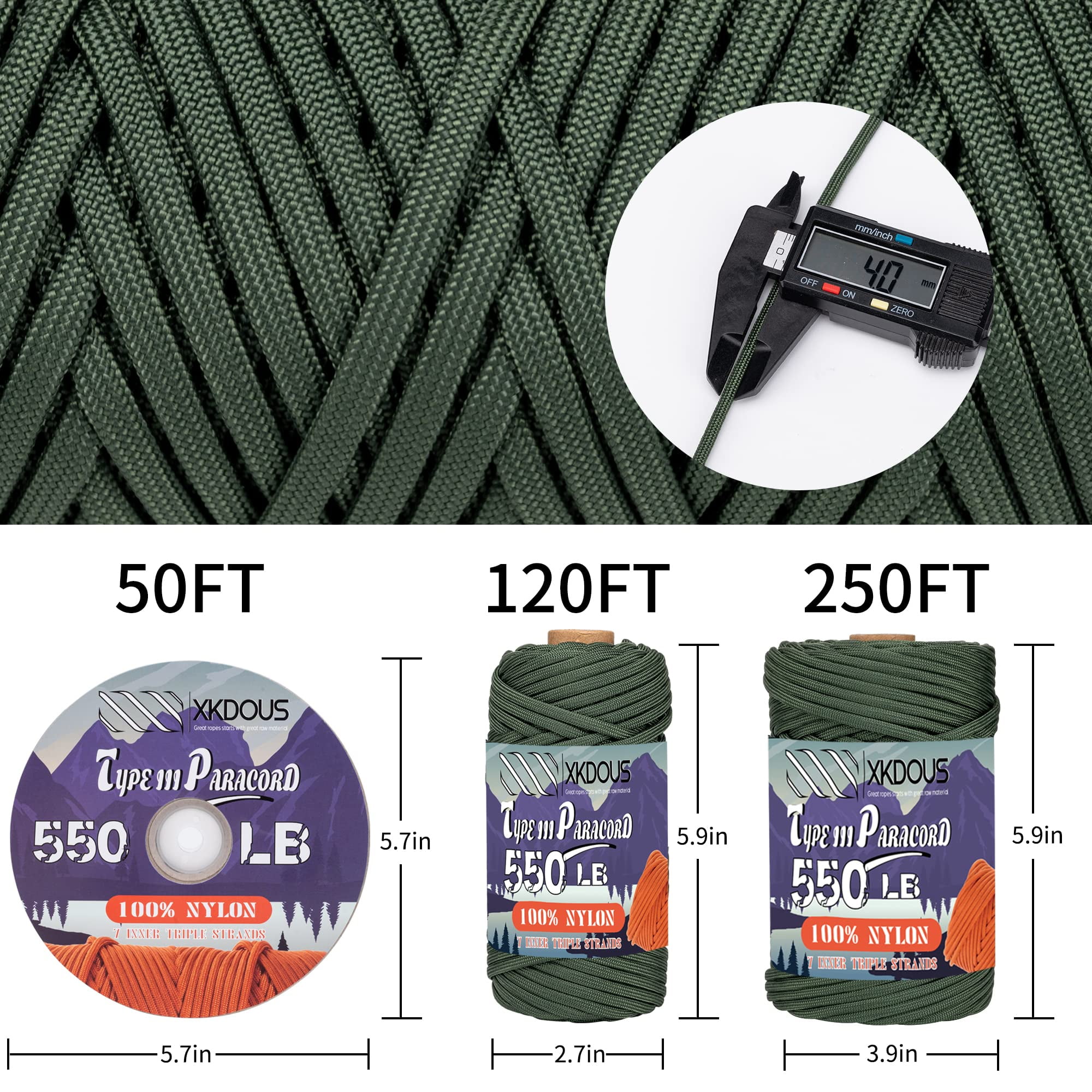 XKDOUS 550 Paracord 120ft Black Parachute Cord, 100% Nylon 7 Strand Inner  Core Type III Tactical Paracord Rope, Outside Survival Gear for Bracelets