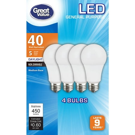 Great Value LED Light Bulb, 5W (40W Equivalent) A19 Lamp E26 Medium Base, Non-Dimmable, Daylight,