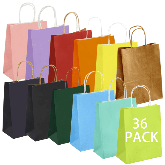 XKDOUS 36Pcs Paper Gift Bags Bulk, 10.62"×8.26"×4.33" Party Bags Kraft Paper Bags, Small Gift Bags Favor Bags with Handles, Rainbow Goodie Bags Crafts Wedding Party Supplies (12 Colors)