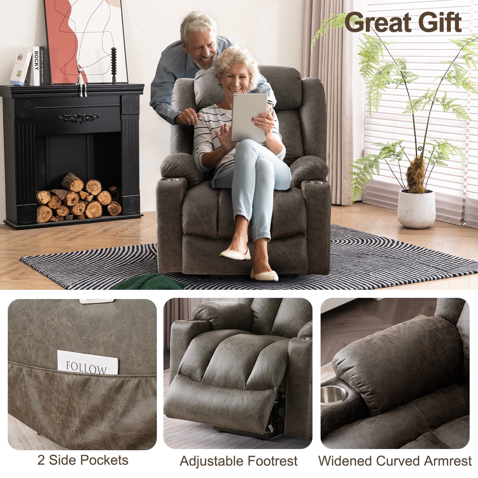 JULY'S SONG Large Power Recliner Chair with Massage and Heat, Overstuffed Wide lift chairs for elderly , Electric Oversized Recliners for Adults, Vegan Leather Grey