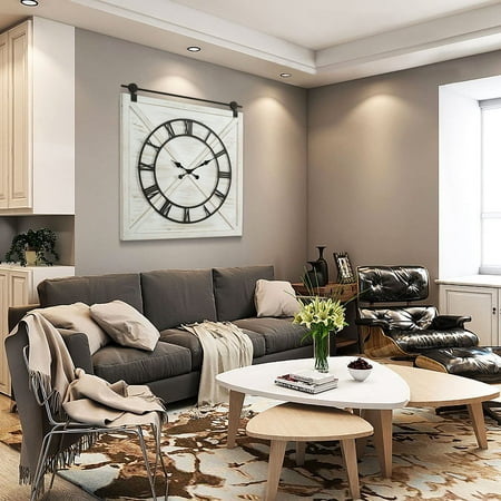 Hejuchuangli Large Farmhouse Wall Clock,Rustic Barn Door Wall Clocks for Living Room Decor, Battery Operated 29.5 H x 27 W, Whitewash