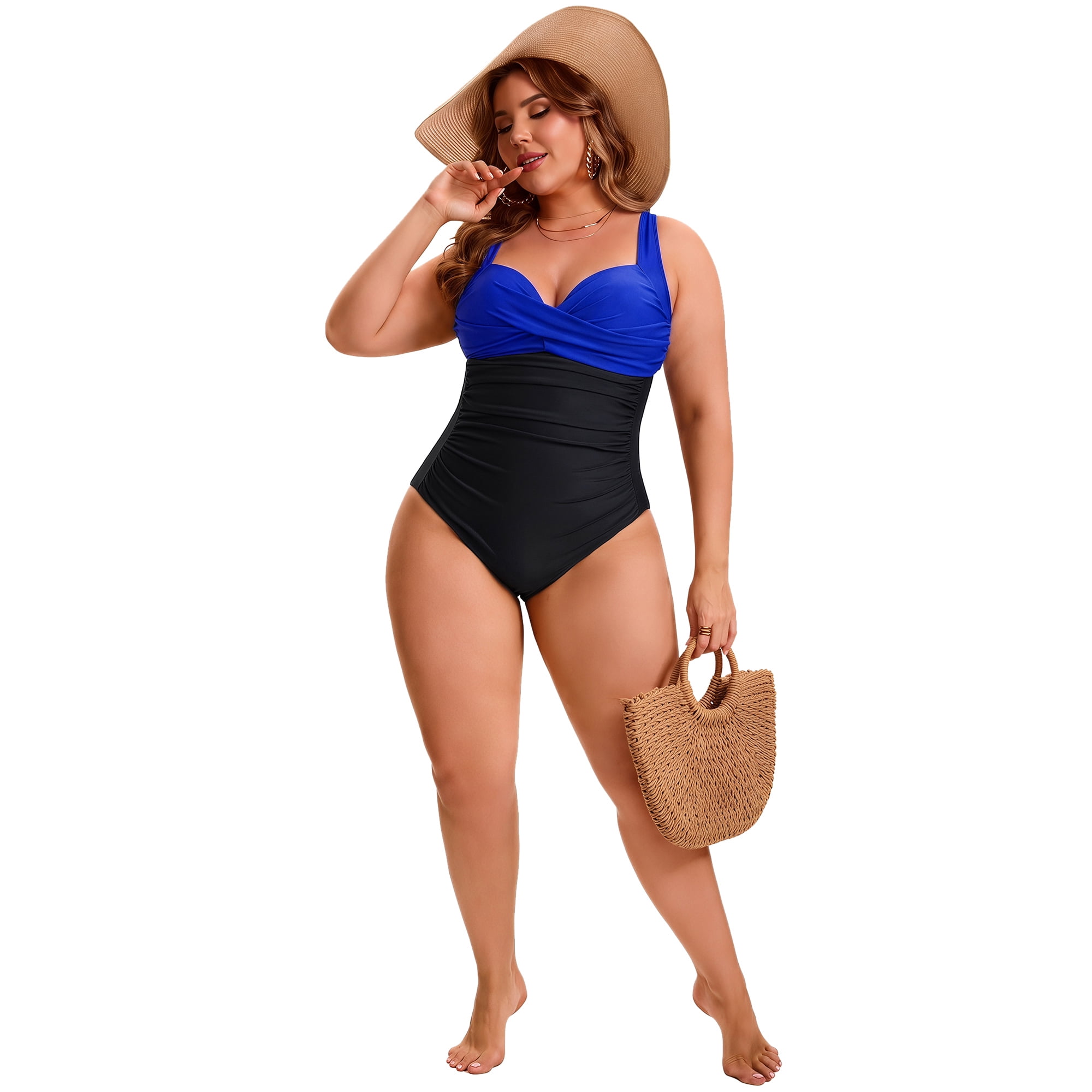 DARING DIVA Women's Plus 1 Piece Crisscross V-neck Swimsuit L Black Blue
