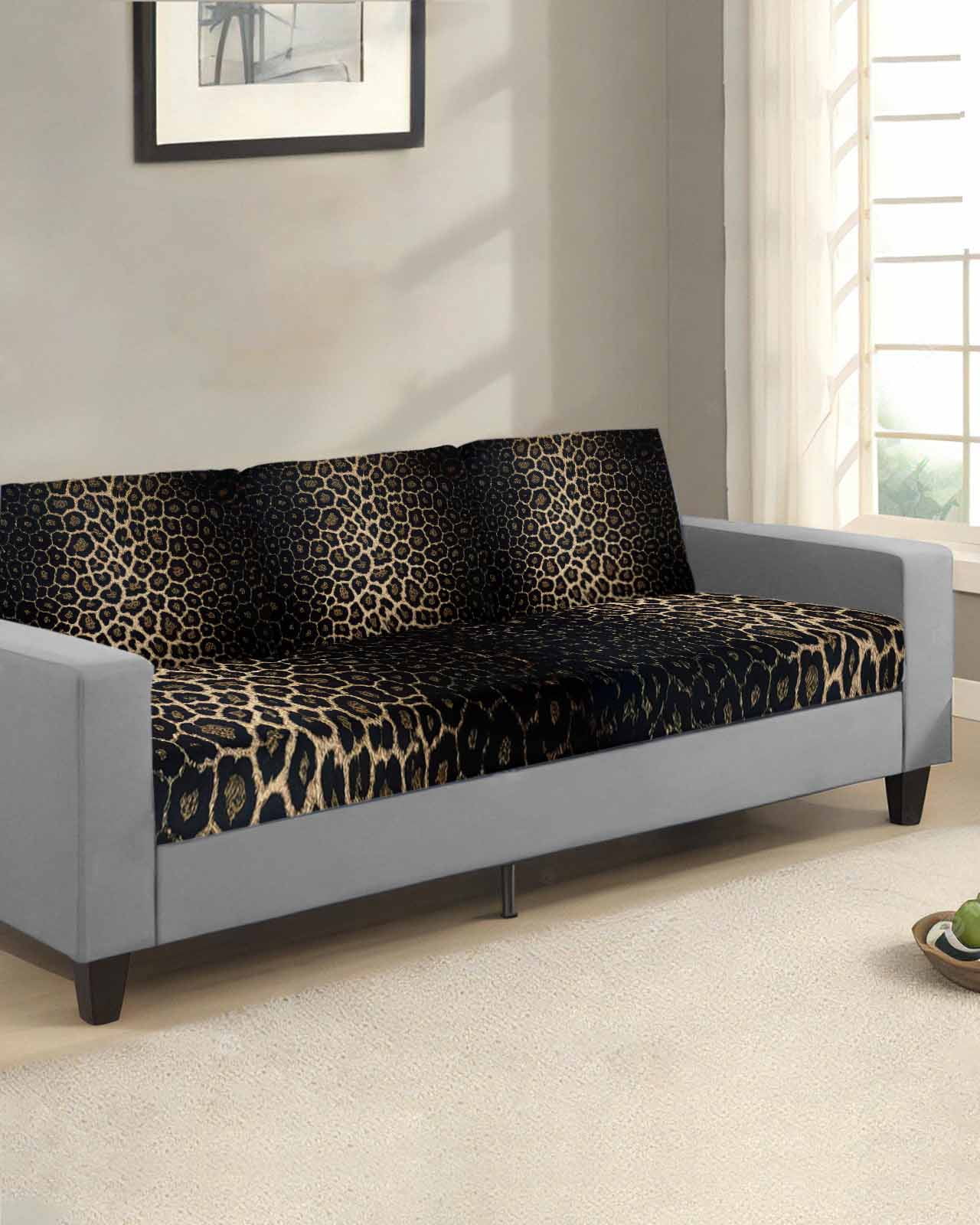 Leopard Print Couch Cushion Covers,Stretch Seat Cushion Covers for Sectional Sofa,Chic Abstract Black Brown Animals Texture Individual Sofa&nbsp;Slipcovers Furniture Protector Elastic Straps 1Pcs,S