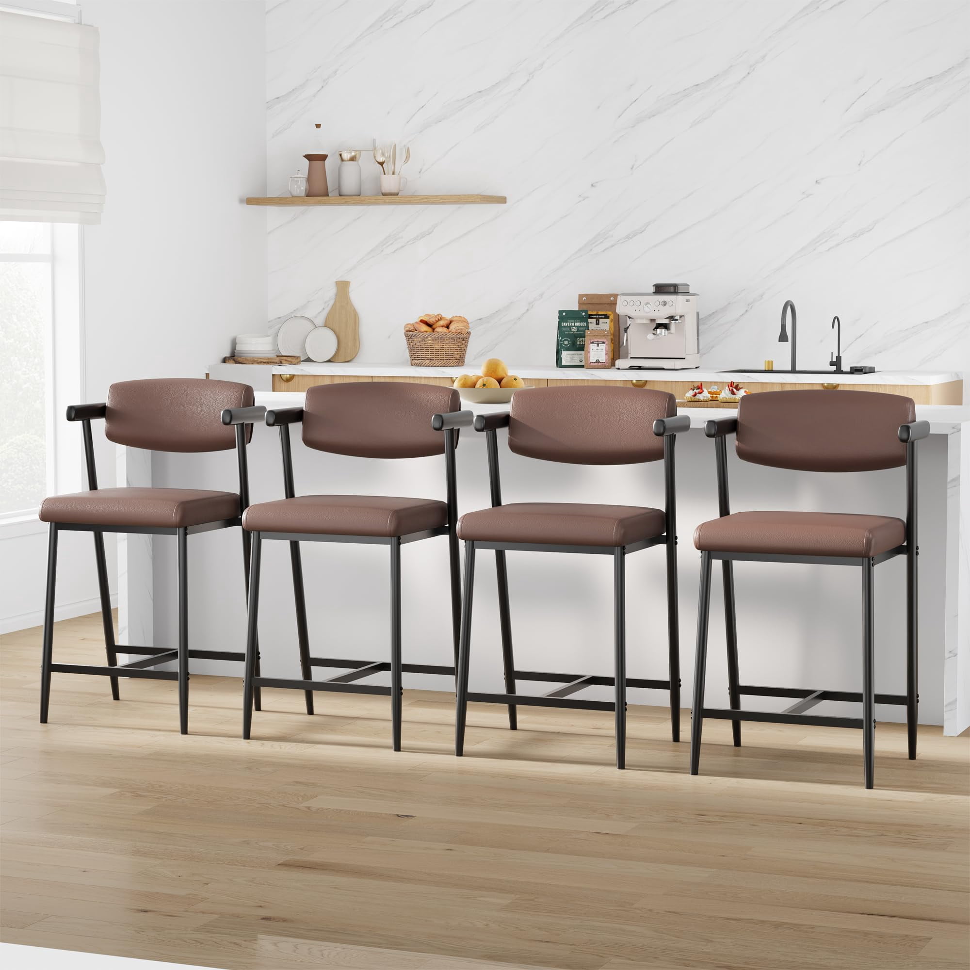 Bar Stools Set of 2, 37 inch Seat Height Bar Stools, Upholstered Barstools with Back and Footrest, Counter Stools for Kitchen Island, Bar Pub