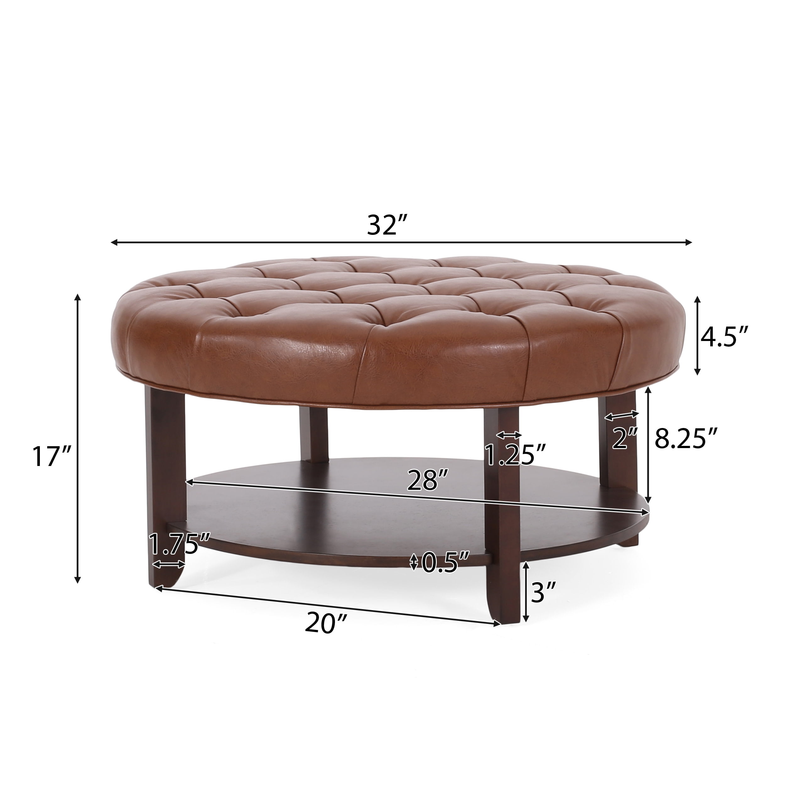 Noble House Aldrich Faux Leather and Wood Tufted Round Ottoman with Open Shelf, Cognac Brown and Espresso