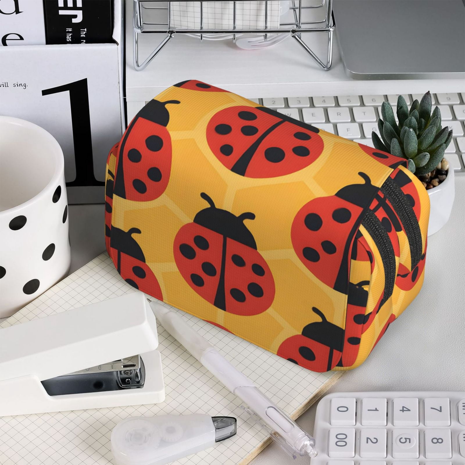 Large-Capacity Flip-Top Double-Layer Pencil Case, Multi-Functional Pocket Pen Case, Durable Stationery Organizer Ladybug On An Orange Background