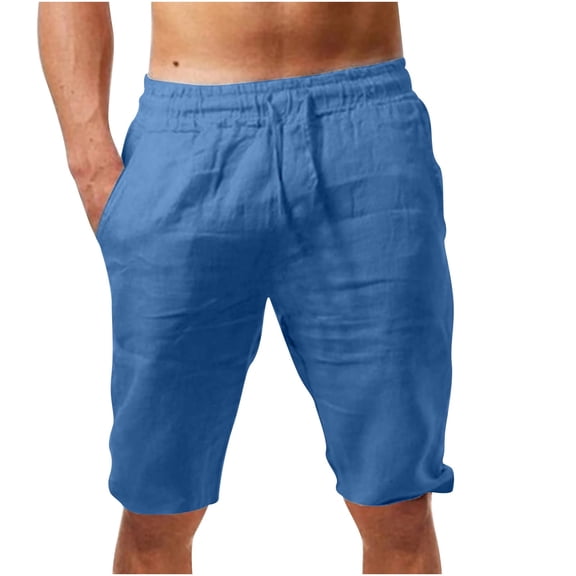 WREESH Men's Summer Cotton Linen Shorts Solid Casual Pocket Elastic Waist Straight Half Shorts Sport Shorts Blue