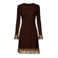 thumbnail image 5 of YUGYXL Women's Ribbed Knit Tassel Dress Casual Crew Neck Long Sleeve Fringe Knee Length Dresses Going Out Vacation Outfits Coffee XXL, 5 of 6